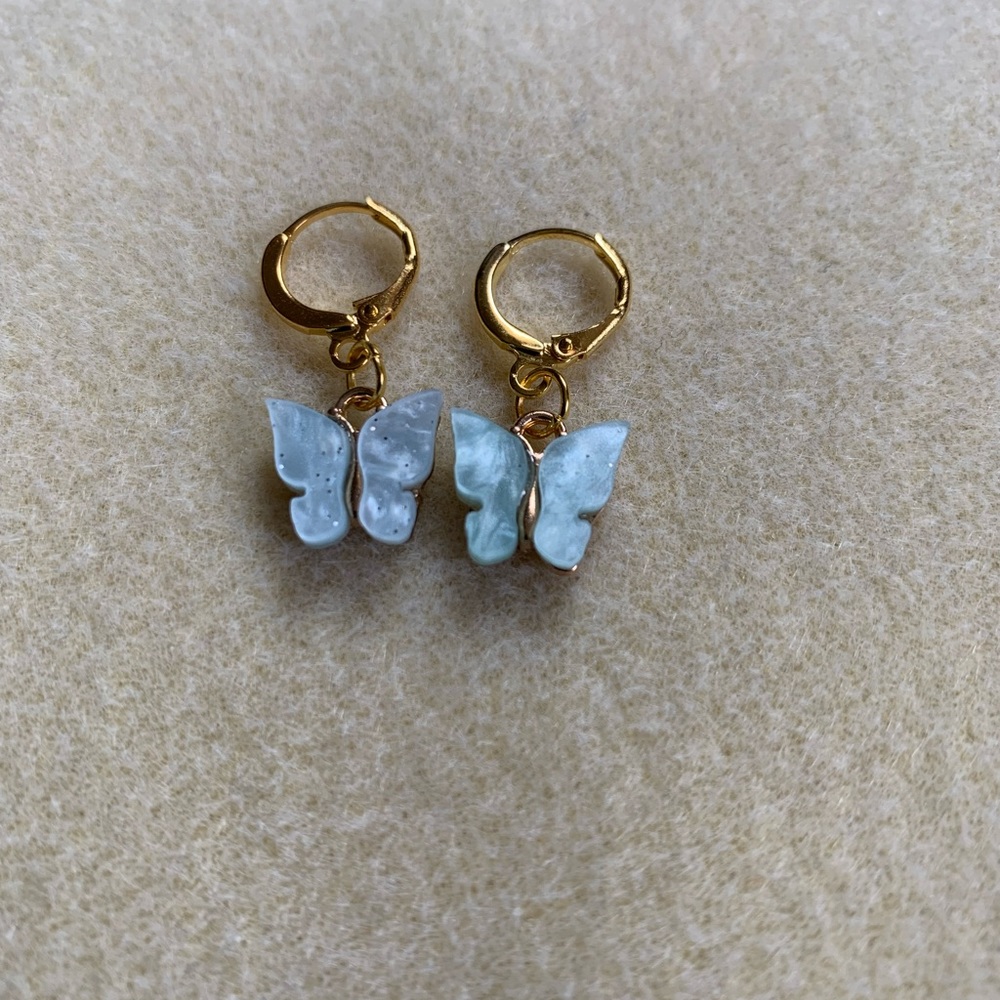 *3 for $20* Blue and Gold Sparkle Acrylic Butterfly Huggie Hoop Earrings